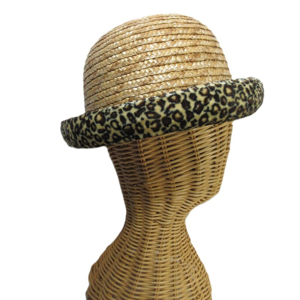 VINTAGE SEXY STRAW CLOCHE BUCKET DERBY HAT + ANIMAL PRINT RIM  MEDIUM